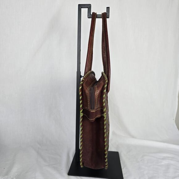 Leaders in Leather Tote Laptop Bag Hand Tooled Cutout Brown Green Paraguay - Picture 9 of 16